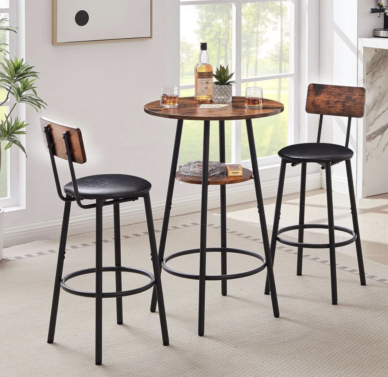 3-Piece Bar Table and Chairs Set for 2, Small 2-Tier Round Bistro Pub Dining Table & PU Upholstered Stools with Backrest, Counter Height Dining Table 