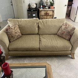 Matching Sofa & Loveseat Set – Beige Fabric + Wood Trim
