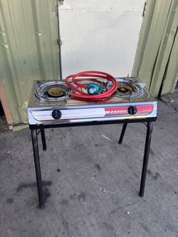 Portable Double Burner LPG Propane Gas Stove for Outdoor Camping with Cooking Station and Stand