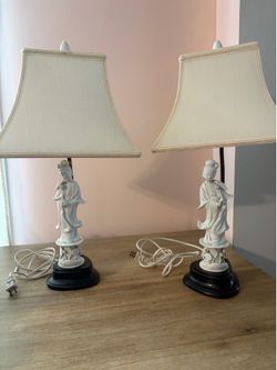 Pair of Asian Porcelain Goddess Table Lamps with Shades