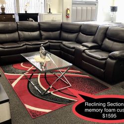New Leather Sectional With 3 Recliners And Memory Foam  Cushions 