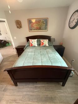 * Full-size bed frame (headboard, footboard, side rails) * 3-drawer nightstand * 2-drawer nightstand