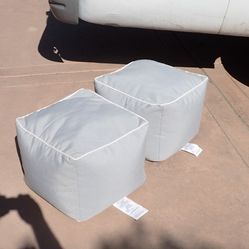 Set of 2 Gray Poufs White Piping Indoor Outdoor Ottoman Footstool 