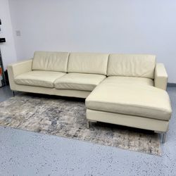 (Sold) Moroni Ivory White Mid Century Modern Leather Sofa with Right Chaise Lounge