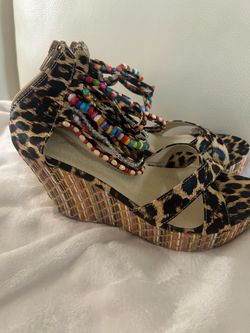 Leopard Print Wedge Sandals with Beaded Straps