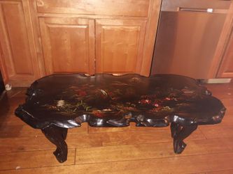 Vintage, Extremely Valuable, ONE OF A KIND. Pre ww2 black lacquer HAND CARVED AND PAINTED mother of pearl inlay, birch natural cut coffee table