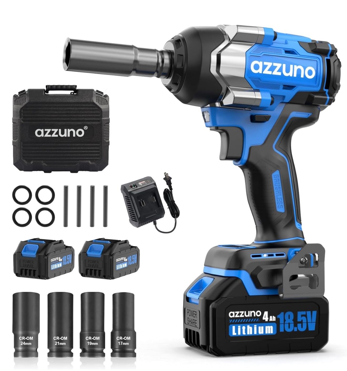 Cordless Impact Wrench 1/2 inch 627 Ft-lbs High Torque Brushless Electric Impact with 2x4Ah Batteries, Fast Charger, 4 Sockets & Case, Power Impact Dr