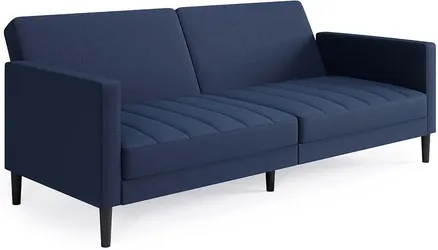 DHP Farnsworth 79 Inch Futon Sofa Bed, Upholstered Couch Sleeper with Tufted Seat, Mid-Century Modern, Navy