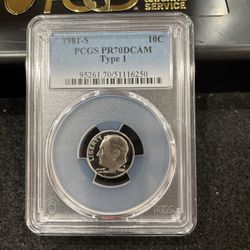 1981 S Gem Proof Perfect Graded Type 1 Roosevelt Dime Graded At PR70 T-9