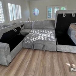 ✅️✅️4 pc Grey  corduroy fabric sectional sofa with storage chaise and love seat and pop up sleep area in center USB charging✅️✅️✅️