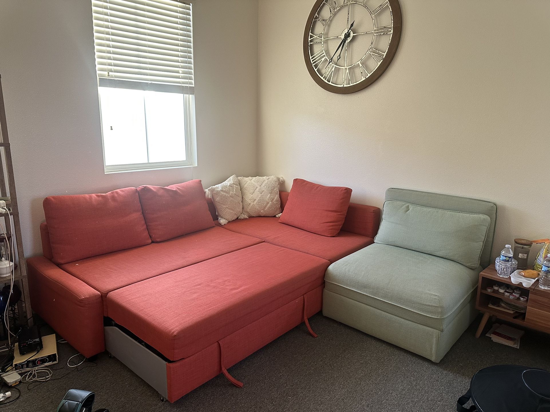 Modern Red Sectional Sofa & Green Lounge Chairs