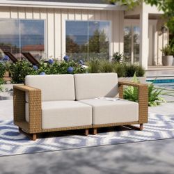 Rattan Outdoor Loveseat in Natural Light Gray - UV-Resistant Patio Furniture 2-Seater Basket-Weave Sofa Couch - Deep Seat Patio Cushions