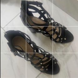 Black Gladiator Heeled Sandals with Silver Studs