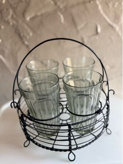 Vintage glass tumblers w/ wire caddy