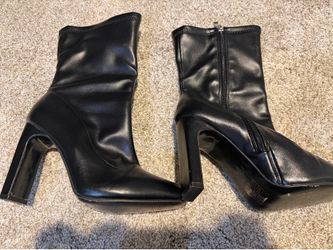 Black Faux Leather Pointed Toe Black Heel Ankle Boots