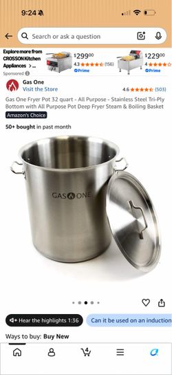 Gas One Fryer Pot 32 quart - All Purpose - Stainless Steel Tri-Ply Bottom with All Purpose Pot Deep Fryer Steam & Boiling Basket 164