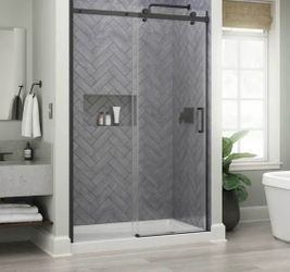 Commix 46 to 48 in. W x 76 in. H Frameless Exposed Roller Sliding Shower Door in Matte Black with 5/