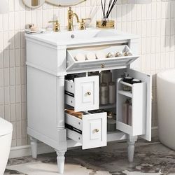 ModernLuxe Assembly Required 24 Inch Bathroom Vanity with Sink White Freestanding Bathroom Cabinet with Flip Drawer Adjustable Shelf Solid Rubberwood 