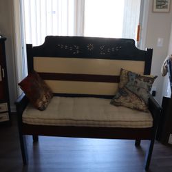 Sedona Shabby Chic Blue Orange White Love Seat Bench With Cushion