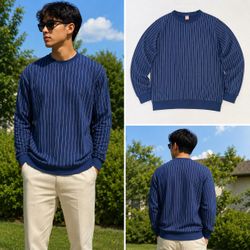 Vintage Navy Pinstripe Long Sleeve Shirt Men’s | Blue Striped Crewneck Pullover