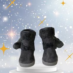 Black Faux Fur & Soft Polyester Zip Boots w Pom Poms Infant Girls Size 5