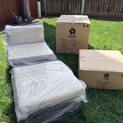 Ash gray wicker style outdoor chair with matching ottoman - Beige cushions - New in Box