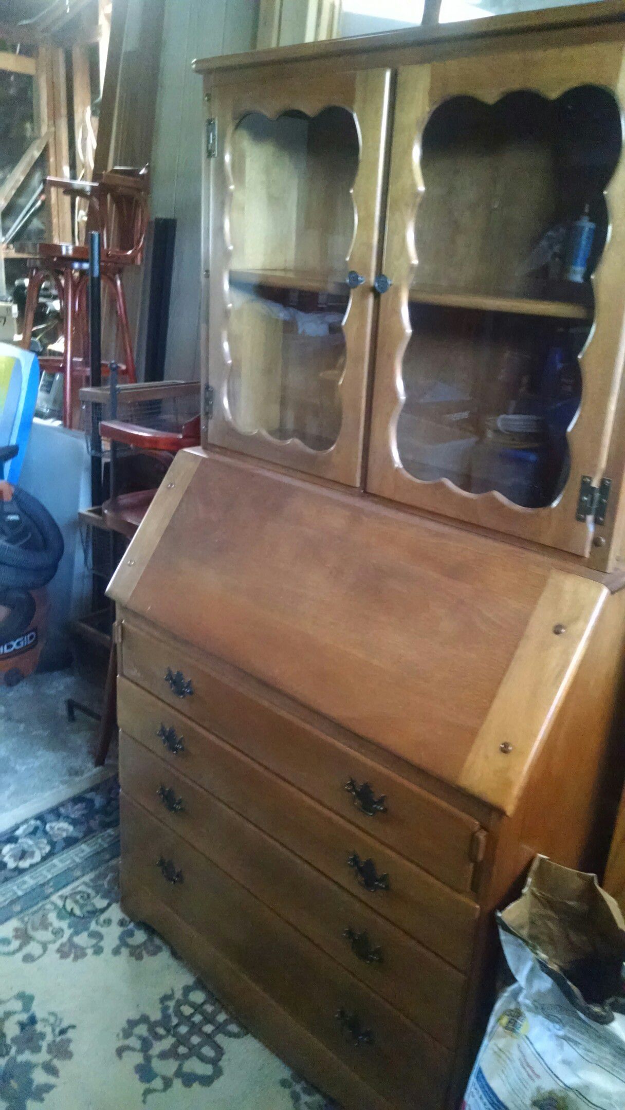 Vintage Oak secretary desk/ dresser/ hutch Very well cared for. 65" high 3' wide 17" deep for drawers 9" for hutch. One piece