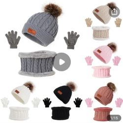 pink toddler hat, gloves, scarf