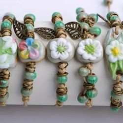 1pc Ceramic Beaded Bracelets for Women, Adjustable Cord Wristbands with Floral