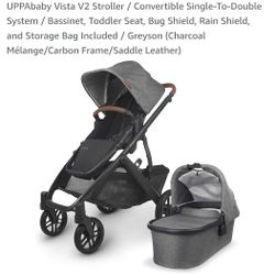 UPPAbaby Vista V2 Stroller / Convertible Single-To-Double System / Bassinet, Toddler Seat, Bug Shield, Rain Shield, and Storage Bag Included 