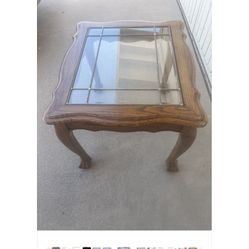 Oak Side Table With Leaded Glass Top