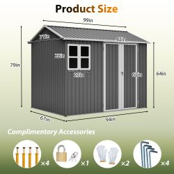 8'x6' Large Steel Storage Shed with Window, Lockable Doors & Sloped Roof, Heavy Duty Outdoor Tool Shed for Garden, Patio, Backyard, Lawn - Dark Gray