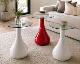 Vintage Mid-Century Modern Glass Top Side Tables – Set of 3 (Red & White Pedestal Bases)