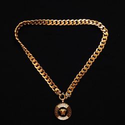Versace Medusa Unisex Gold Cuban Chain Necklace with Gold Medusa Head Coin Pendant Gold Crystal