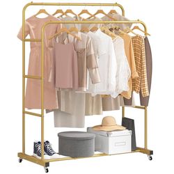 Laiensia Double Rods Clothing Rack with Wheels, Garment Rack for Hanging Clothes, Multi-functional Bedroom Clothes Rack, Gold