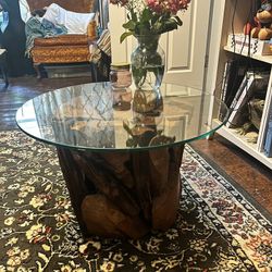 Live Edge Teak Wood & Glass Coffee Table – Rustic, Modern, Unique