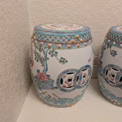 Pair of Vintage Chinese Porcelain Garden Stools, 1970s–80s, Pierced Medallion Design