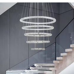 5-Rings Modern Chandelier with LED Dimmable Lights Crystal High Ceiling Chandeliers Lighting for Living Room Foyer Entryway Luxury Indoor Light Black 