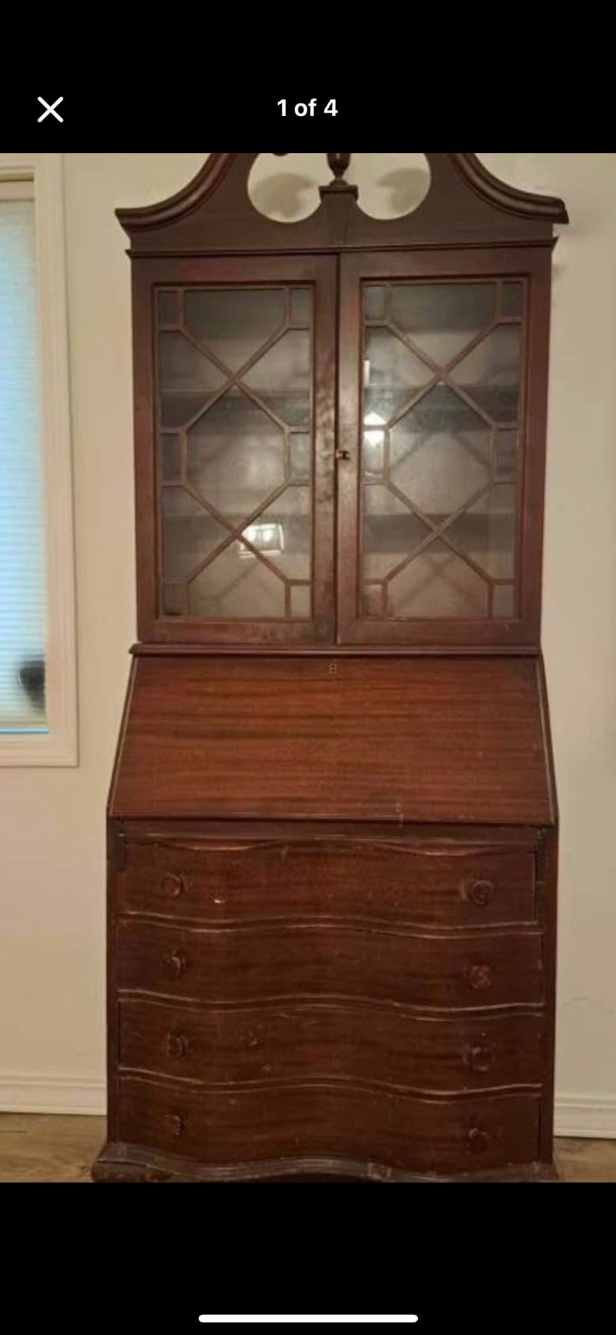 Vintage Chippendale-Style Serpentine Secretary DeskW/ Bookcase Hutch-Walnut Finish