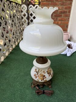 Vintage Hurricane Table Lamp Milk Glass Floral Painted Shade Brass Base Works