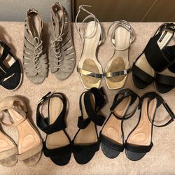 7 pair of high heels In Assorted Colors From Cream, Tan, Black And Silver, Different Sizes Of Heels, All Size 9 Except One.