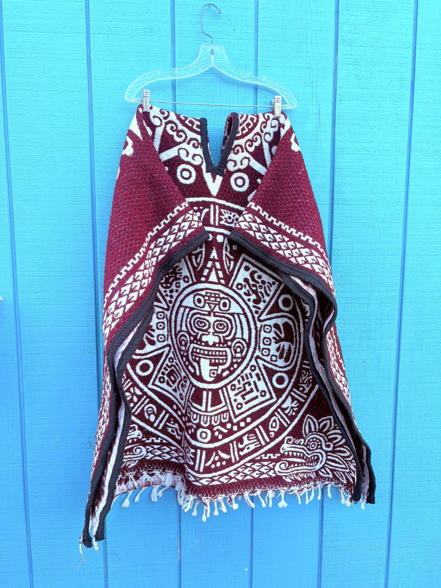 One Size Poncho Burgundy Red With White Hand Made In México Aztec Calendar