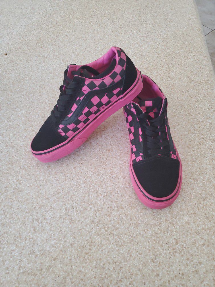 Vans Old Skool Hot Pink & Black Checkered Shoes Size 5.5 Girls