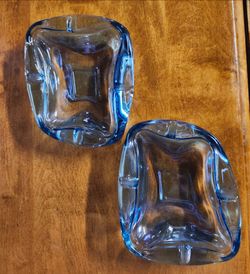 Vintage Blue Art Glass Ashtrays, Mid Century