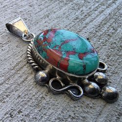 Vintage Mexico Pendant Turquoise Red Jasper Stone Large Statement Pendant 13g