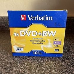 Verbatim DVD+RW Discs, 4.7GB, 4x, w/Slim Jewel Cases, 10/Pack (VER94839)

