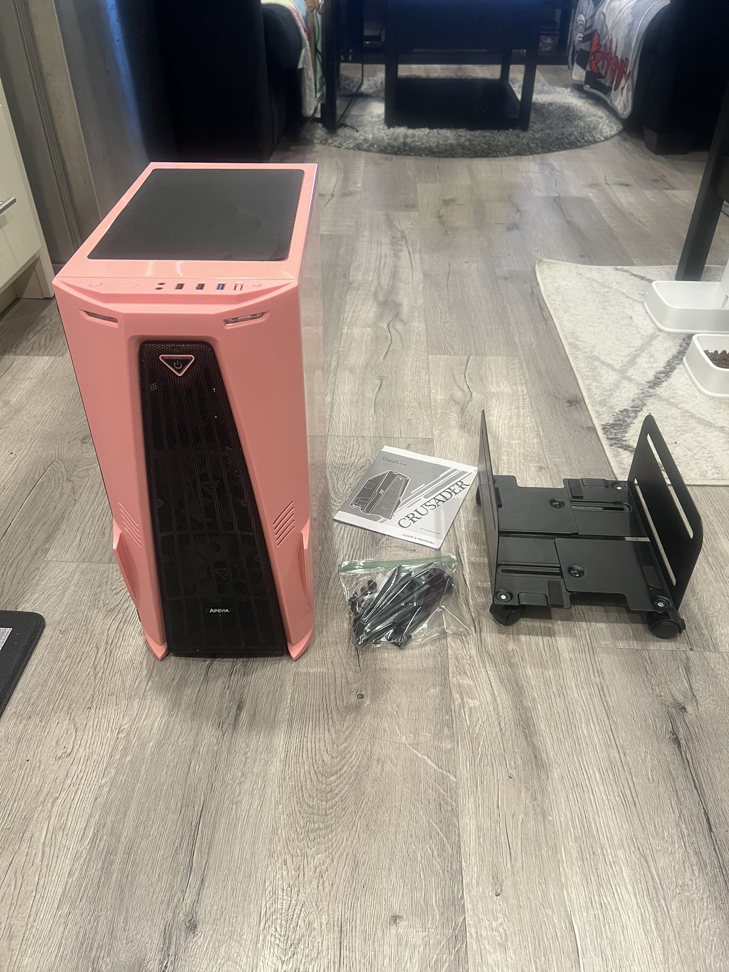 Apevia Crusader-F-PK Mid Tower Gaming Case with 1 x Full-Size Tempered Glass Panel, Top USB3.0/USB2.0/Audio Ports, 4 x RGB Fans, Pink Frame