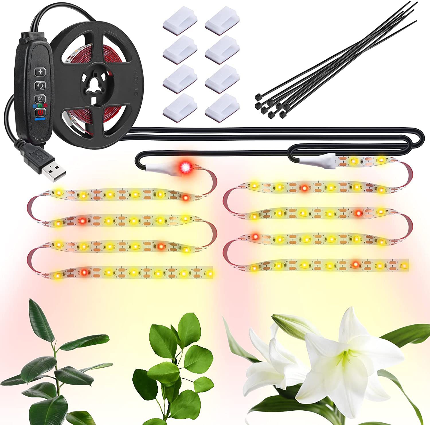 Grow Light Strip，Full Spectrum Grow Lights for Indoor Plants ，with Auto ON / Off Timer，with White Red 120 LEDs / 10 Dimmable Levels，Sunlike Grow Lamp 