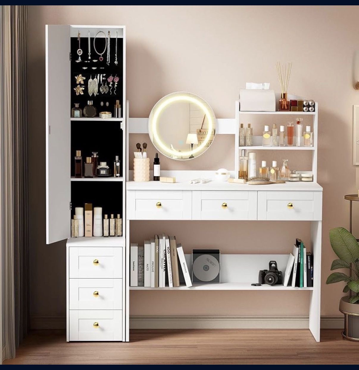 Pamapic Full-Length Mirror Vanity Desk with Lights and Jewelry Storage Cabinet