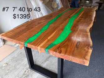 7-Foot Live Edge Acacia Wooden Table – Bright Green Epoxy Swirls 💚